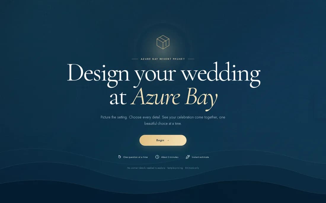 Sample welcome screen of the Interactive Wedding Builder on a fictional demo resort, Azure Bay